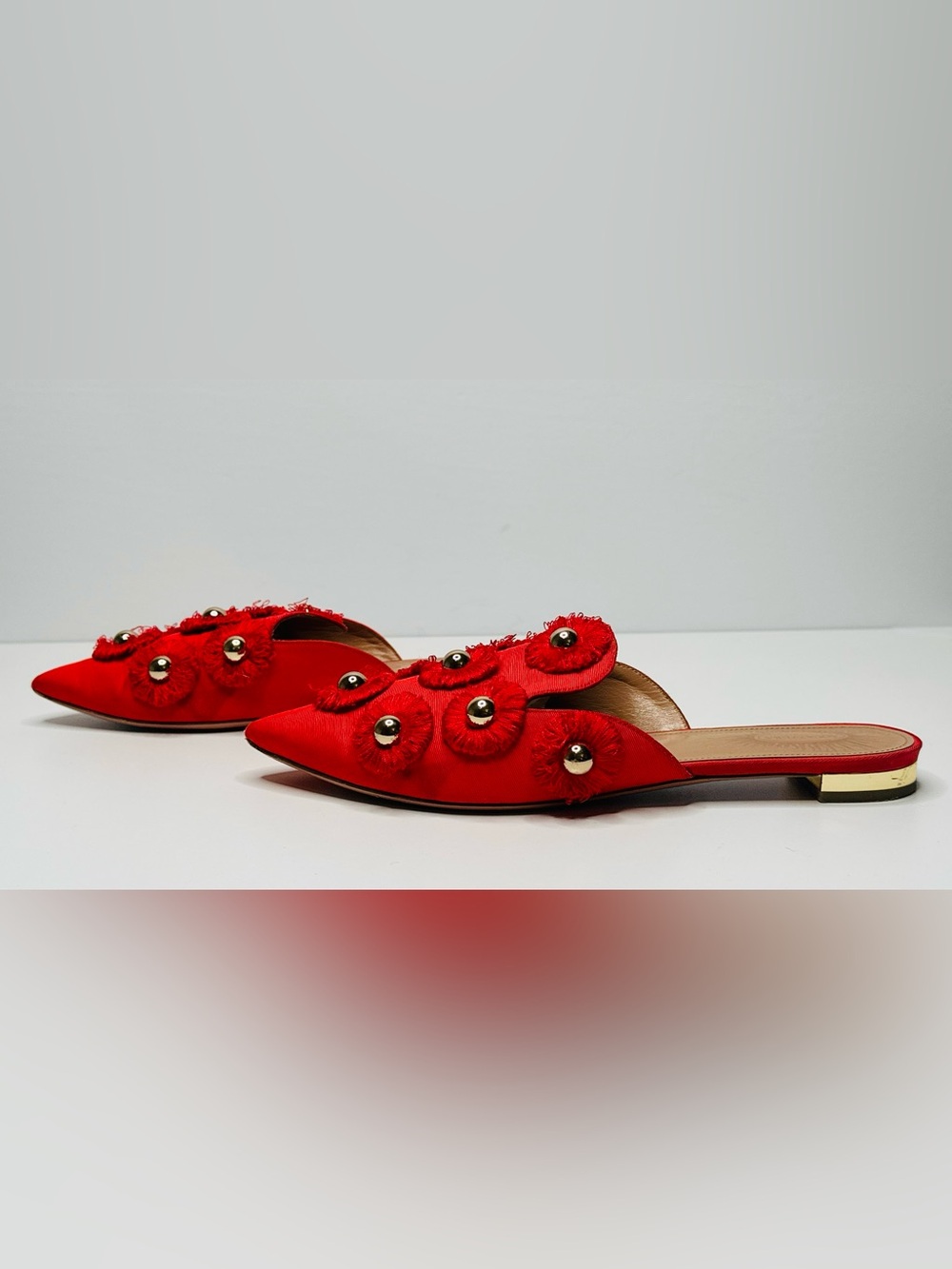 Aquazzura Sunflower Red Brocade Canvas Gold Embellished Slide Flats Mules Shoes - Picture 5 of 11